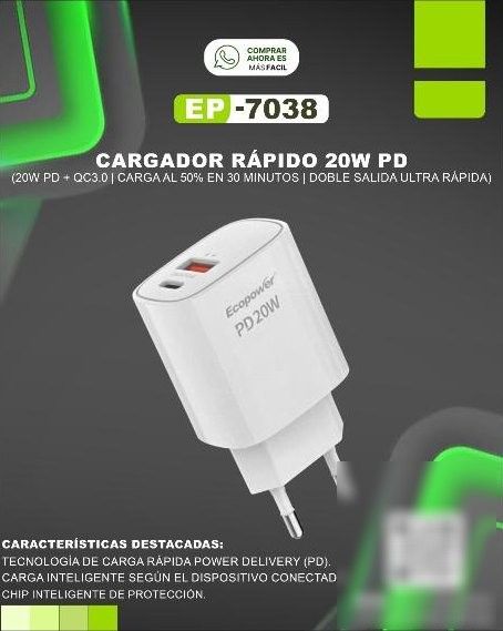 Cargador Rápido Ecopower 20W PD (Solo Cabeza)