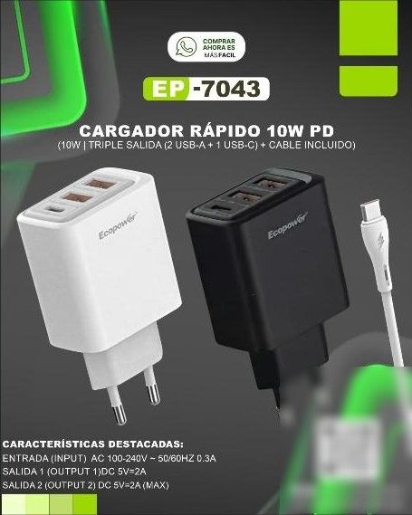 Cargador Rápido Ecopower 10W PD (Triple Salida + Cable)