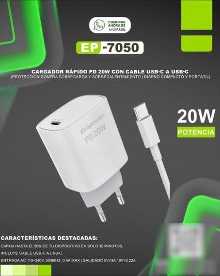 Cargador Ecopower Tipo-C 20W (con Cable USB-C)