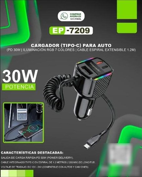 Cargador Ecopower para Auto Tipo-C 30W (RGB, Espiral 1.2M)