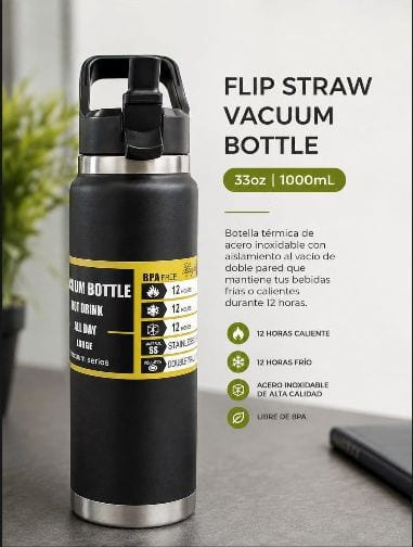Hoppy Botella Térmica Flip Straw 1L Solo Negro