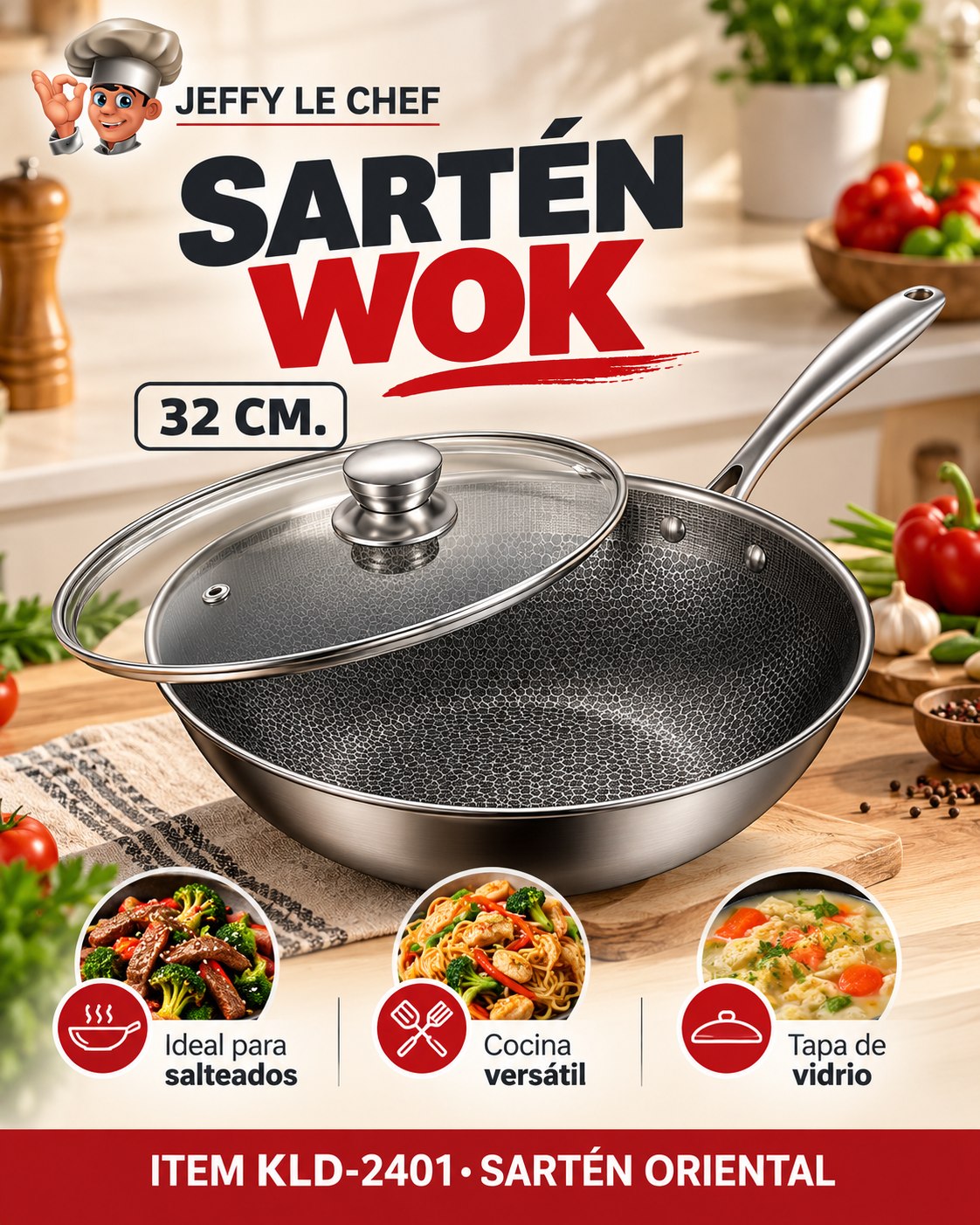 Sartén Wok 32 cm (Jeffy Le Chef)