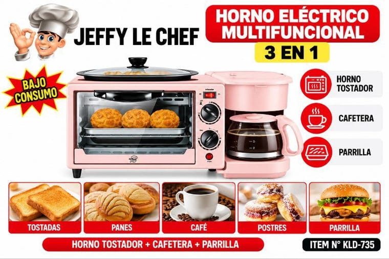 Horno Eléctrico Multifuncional 3 en 1: Horno, Cafetera y Parrilla