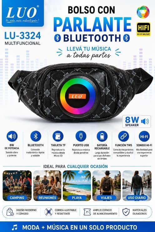 Riñonera Multifuncional con Parlante Bluetooth 8W