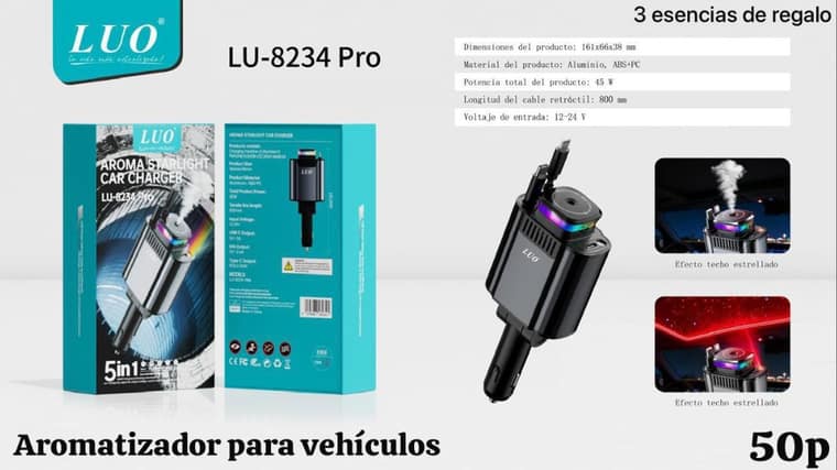 Cargador para Vehículo 5en1 con Aromatizante LED