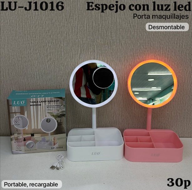 Espejo con Luz LED y Porta Maquillaje Desmontable