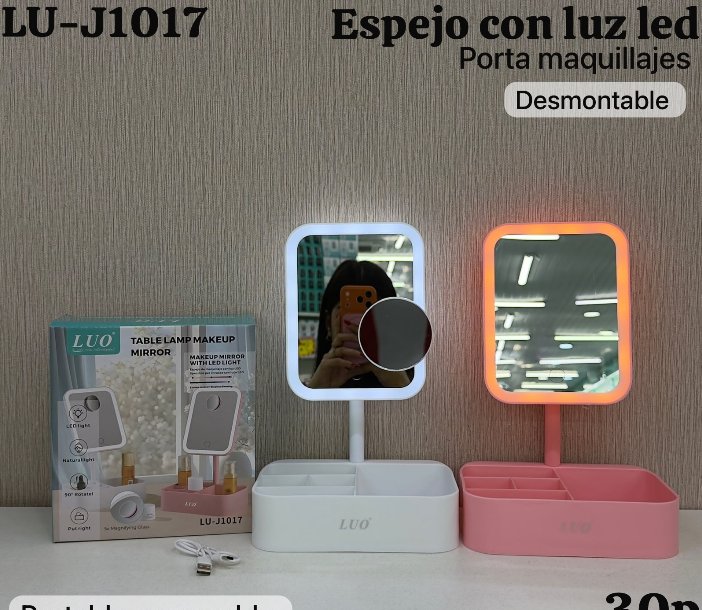 Espejo con Luz LED y Porta Maquillaje Desmontable