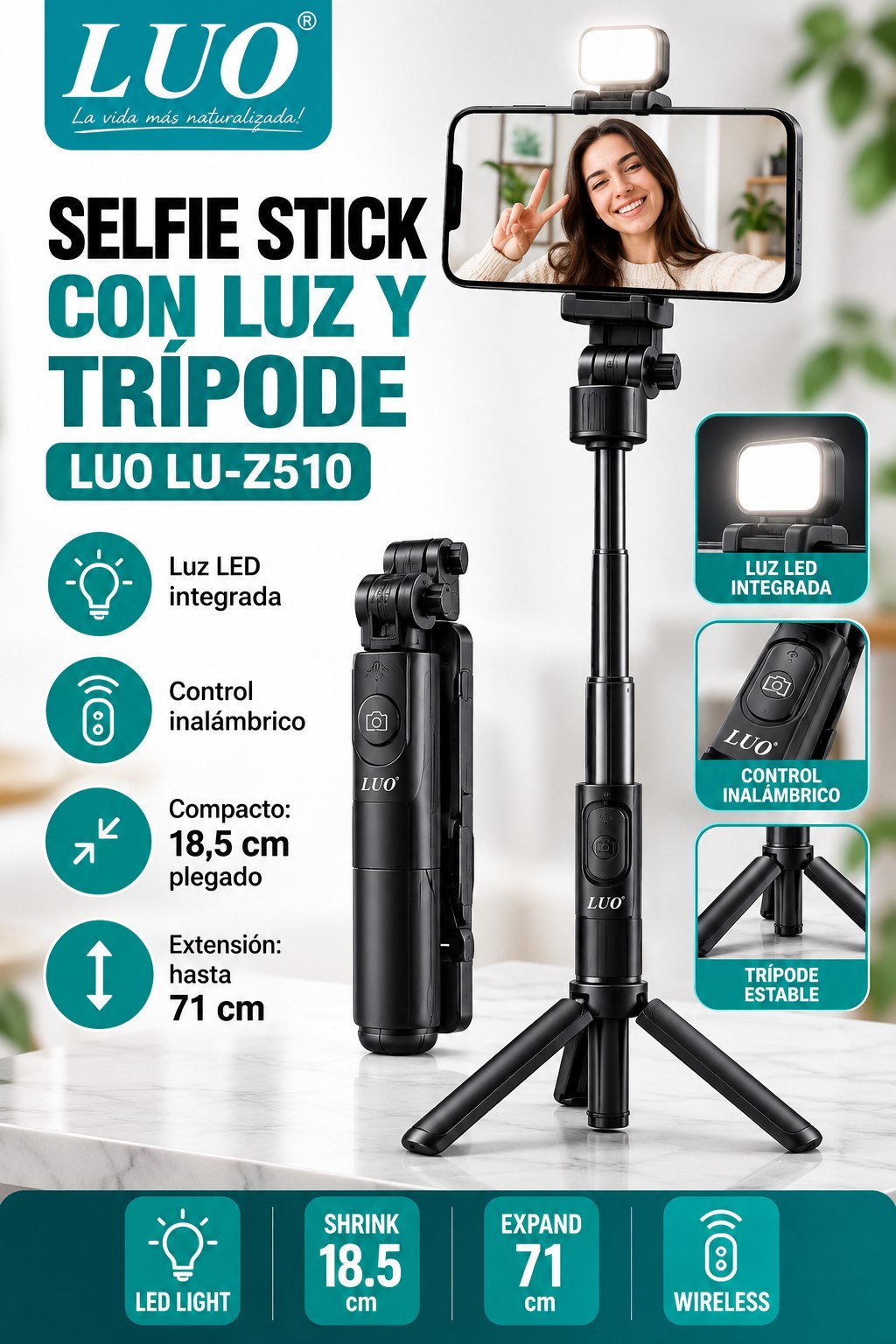 Selfie Stick con Luz y Trípode