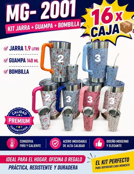 Kit Jarra Tereré con Diseños 1.9L + Guampa + Bombilla