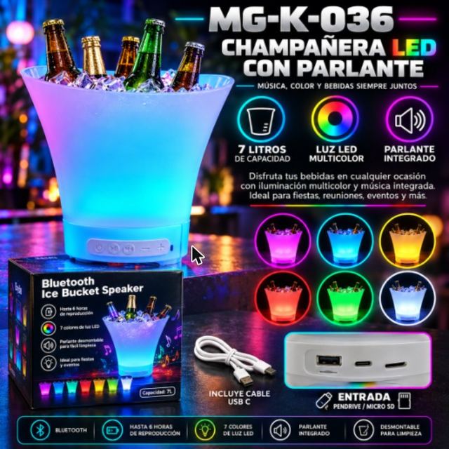 Champañera LED con Parlante Bluetooth/Pendrive 7 Litros