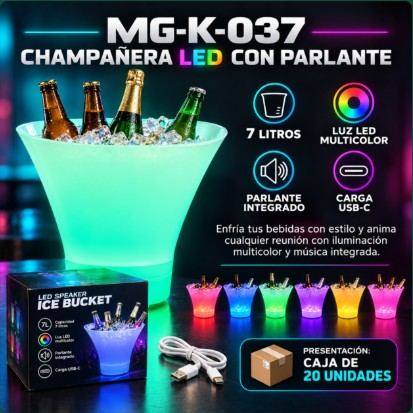 Champañera LED con Parlante Bluetooth 7 Litros