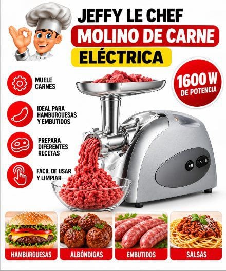 Molino de Carne Eléctrico 1600W (Jeffy Le Chef)