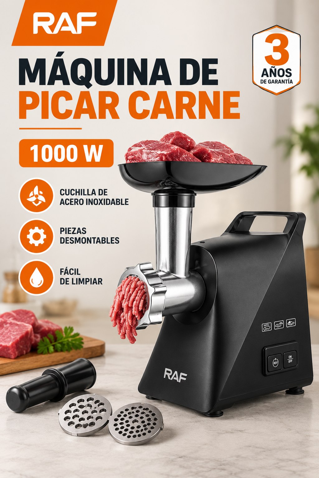 Máquina de Picar Carne RAF 1000W (3 años de garantía)